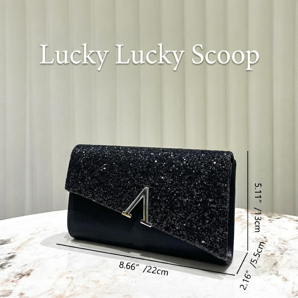Elegant Glitter Evening Clutch Bag – Sparkling Black Party Envelope Purse with Chic Silver Letter Ornament