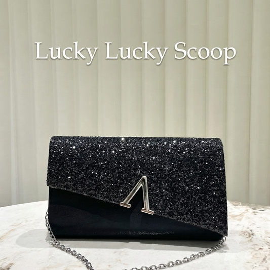 Elegant Glitter Evening Clutch Bag – Sparkling Black Party Envelope Purse with Chic Silver Letter Ornament