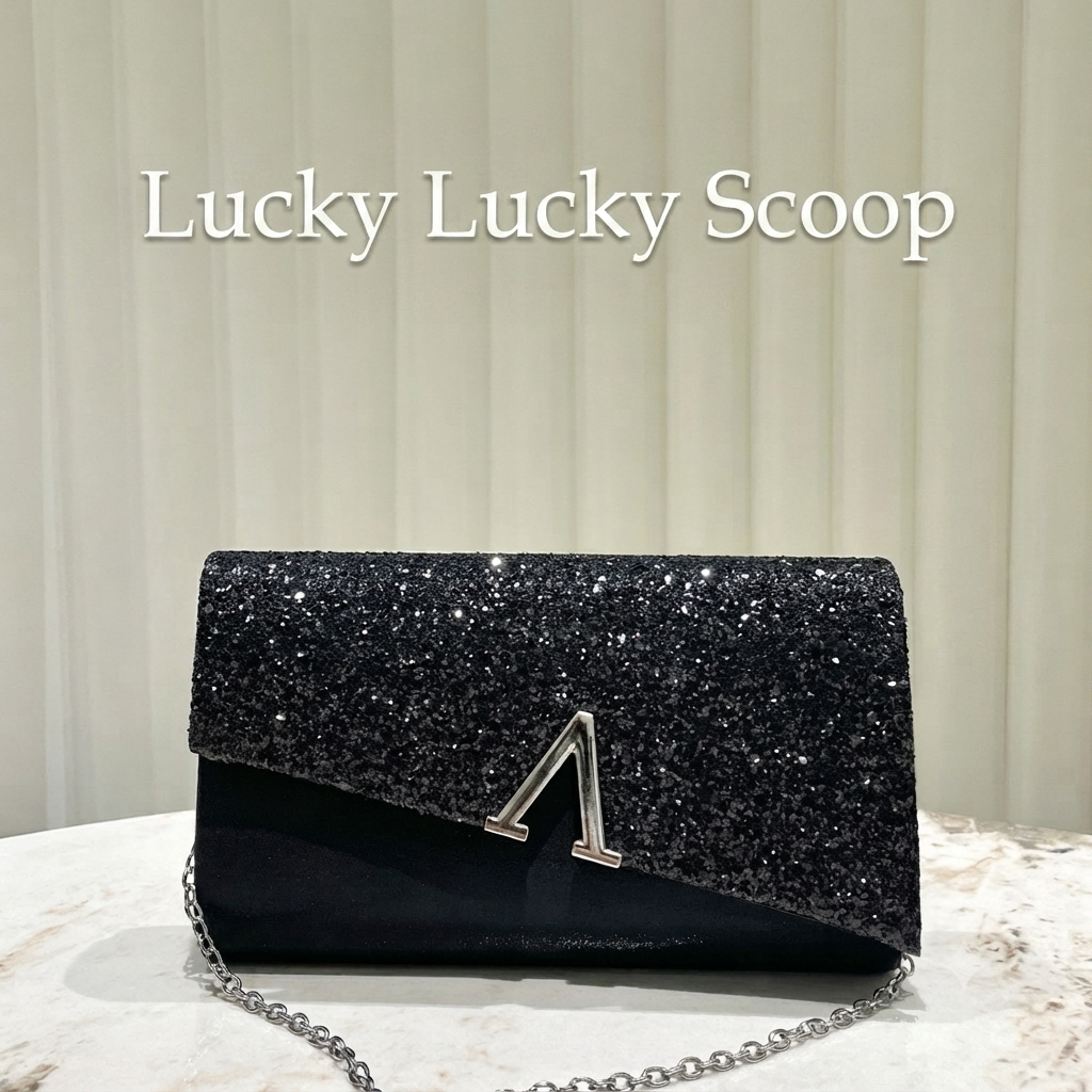 Black evening clutch bag, front view